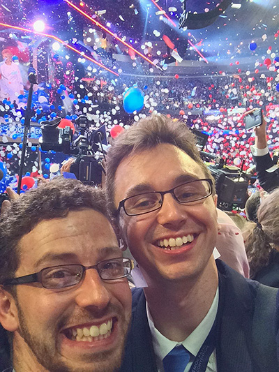 Chris & Alon as confetti drops at the final night of the Democratic National Convention in 2016