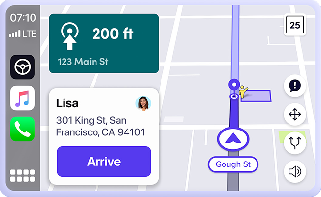 Screenshot of LyftNav in CarPlay, showing a map with a route and ETA to the destination