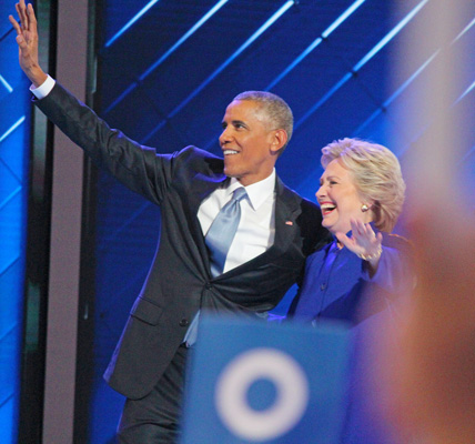 Then-President Obama and Sectetary Clinton at the DNC in 2016